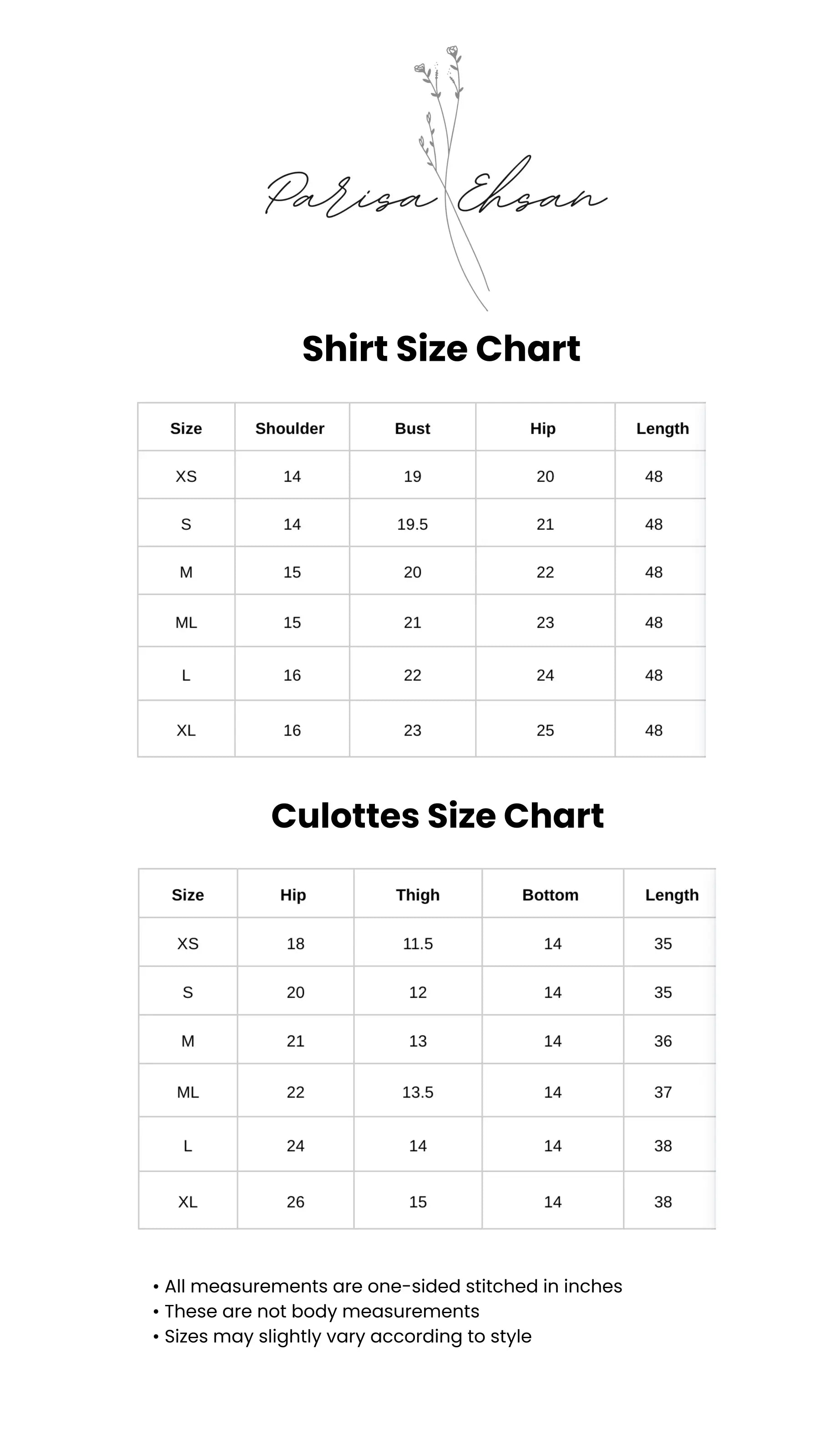 Parisa Ehsan size chart